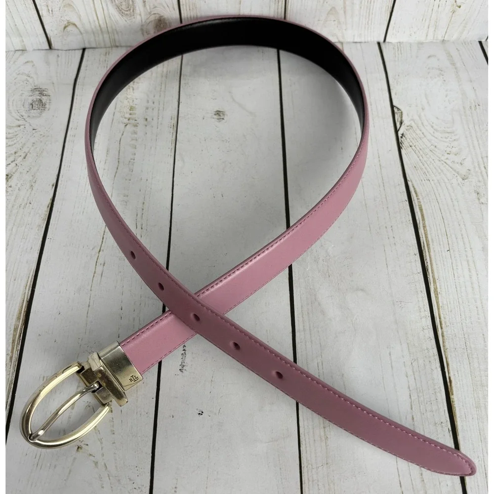 Lauren Ralph Lauren Reversible Leather Belt Mauve Pink Black Gold Buckle Womens
